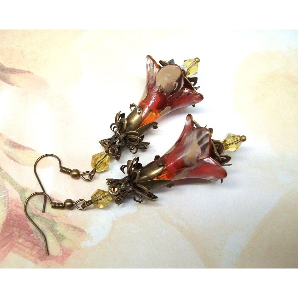 Art Nouveau Floral Statement Earrings, Antique Bronze, Hand Painted, Artisan Cra